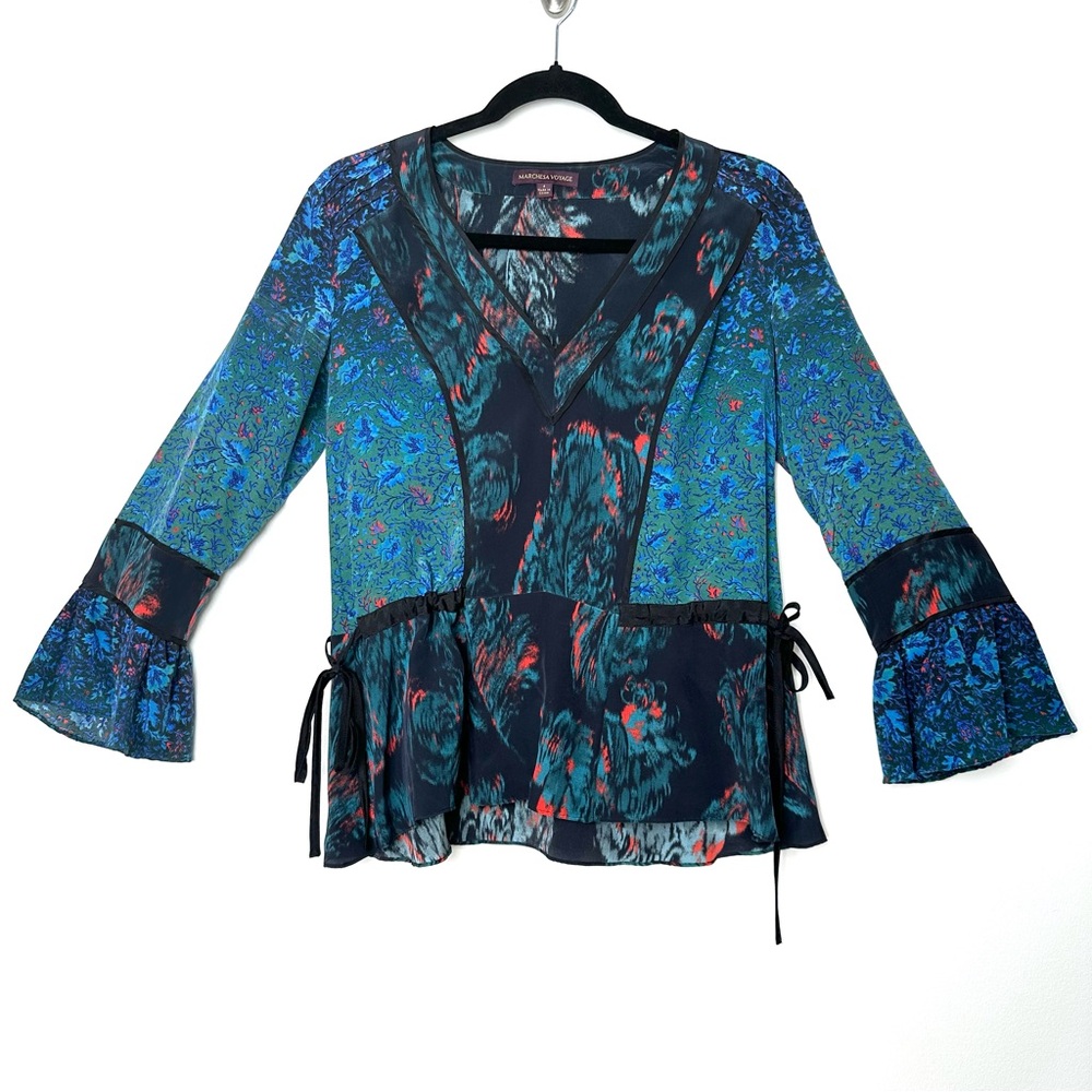 Marchesa Boho Whimsigoth Dark Fairycore Silk Bell Sleeve Ruffle V-Neck Blouse